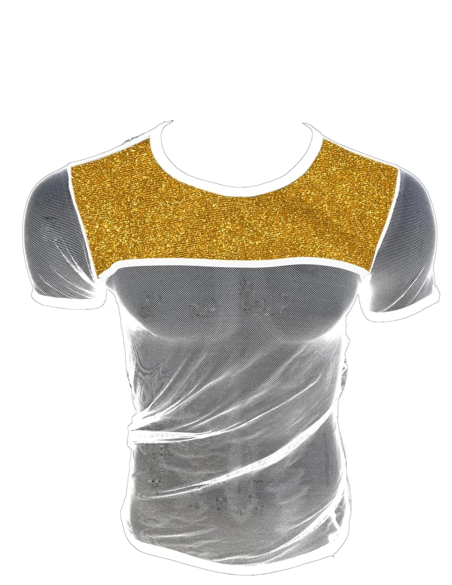 Short-sleeved glitter trim fine mesh tee with a shimmering gold glitter panel and sheer gray mesh fabric
