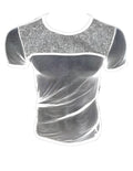 A shimmering silver sequined fine mesh tee with a sleek form-fitting design perfect for glitter trim styles