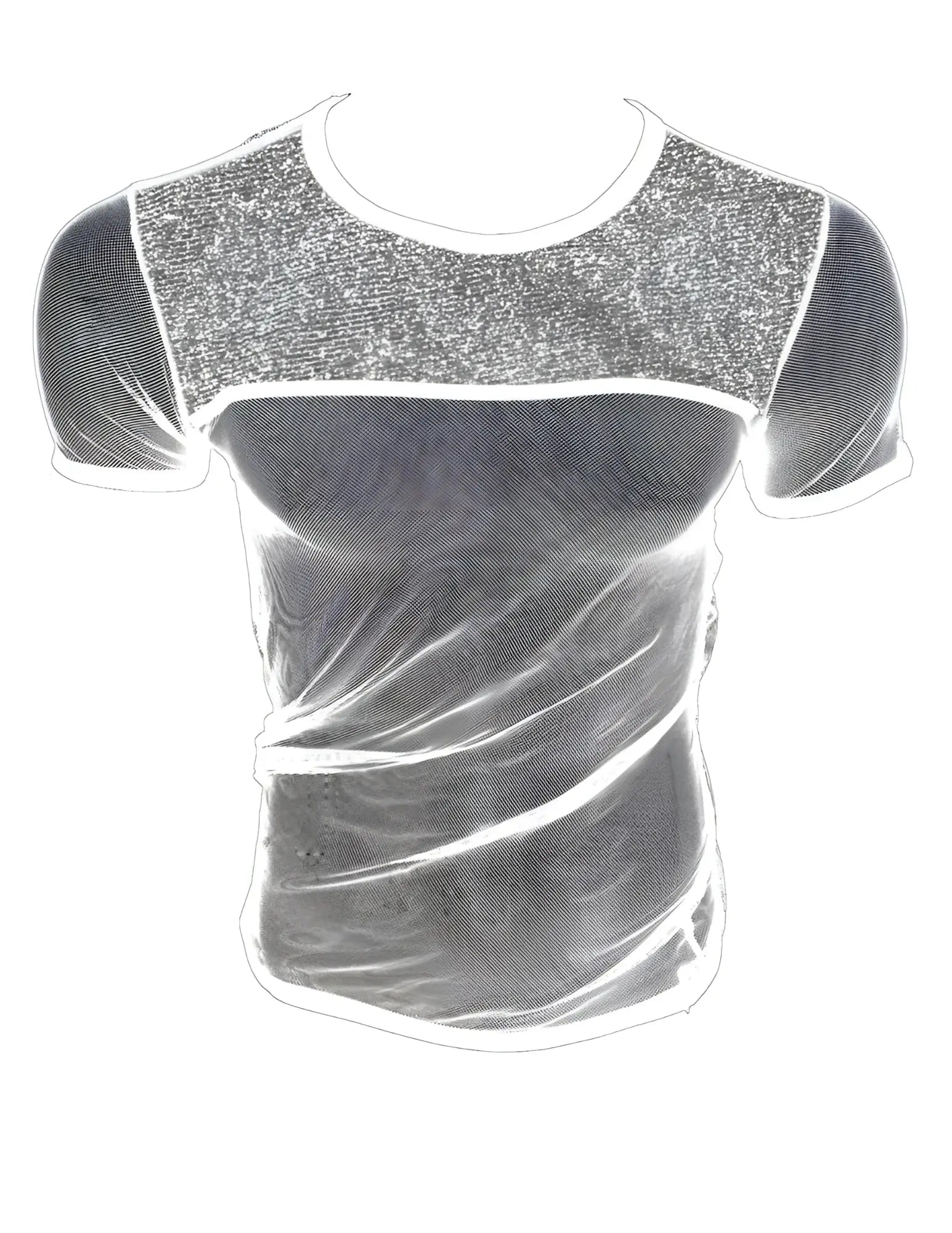 A shimmering silver sequined fine mesh tee with a sleek form-fitting design perfect for glitter trim styles