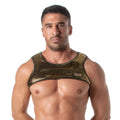 Gold metallic mesh glitter zipped harness featuring a central zipper and visible brand tag on the front side