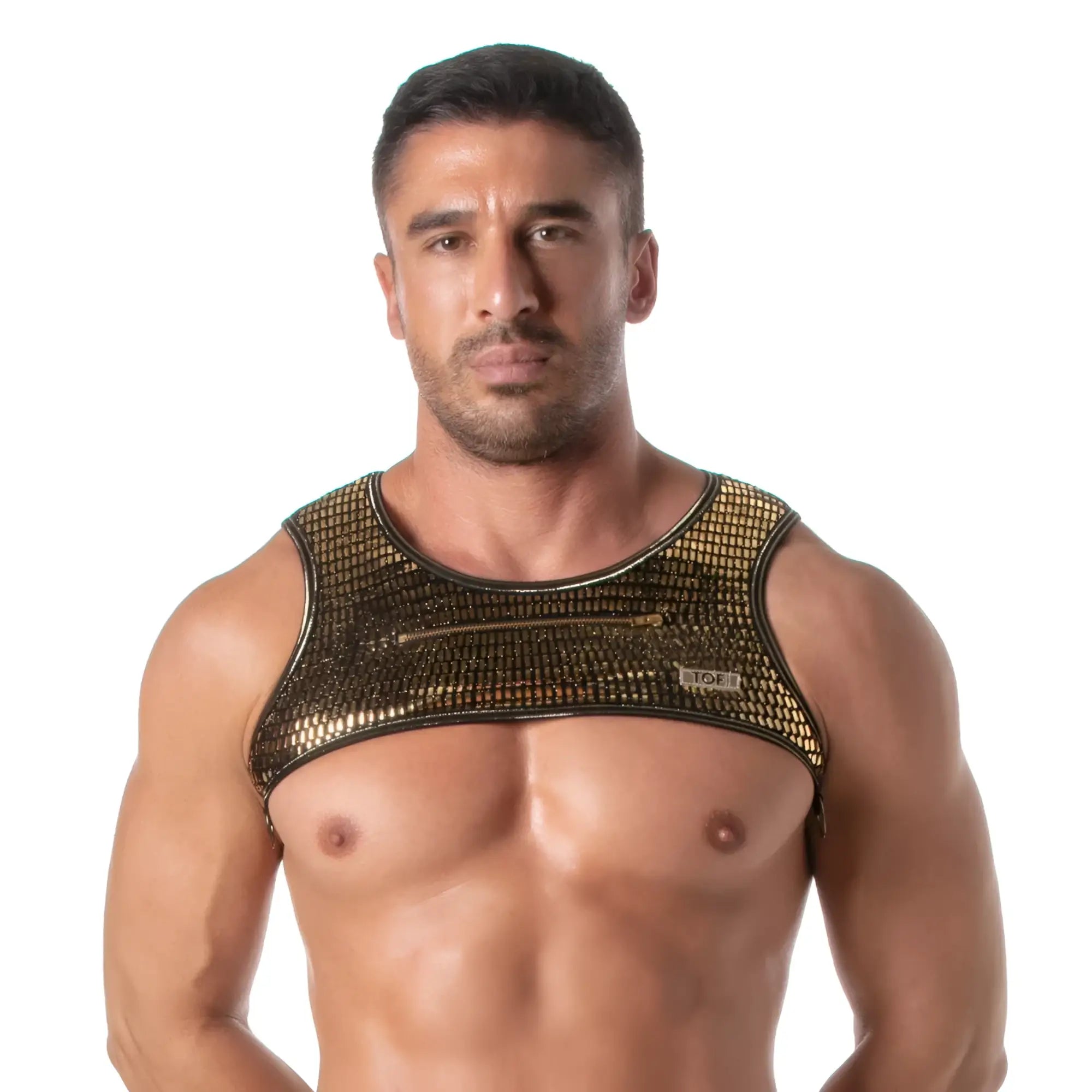 Gold metallic mesh glitter zipped harness featuring a central zipper and visible brand tag on the front side