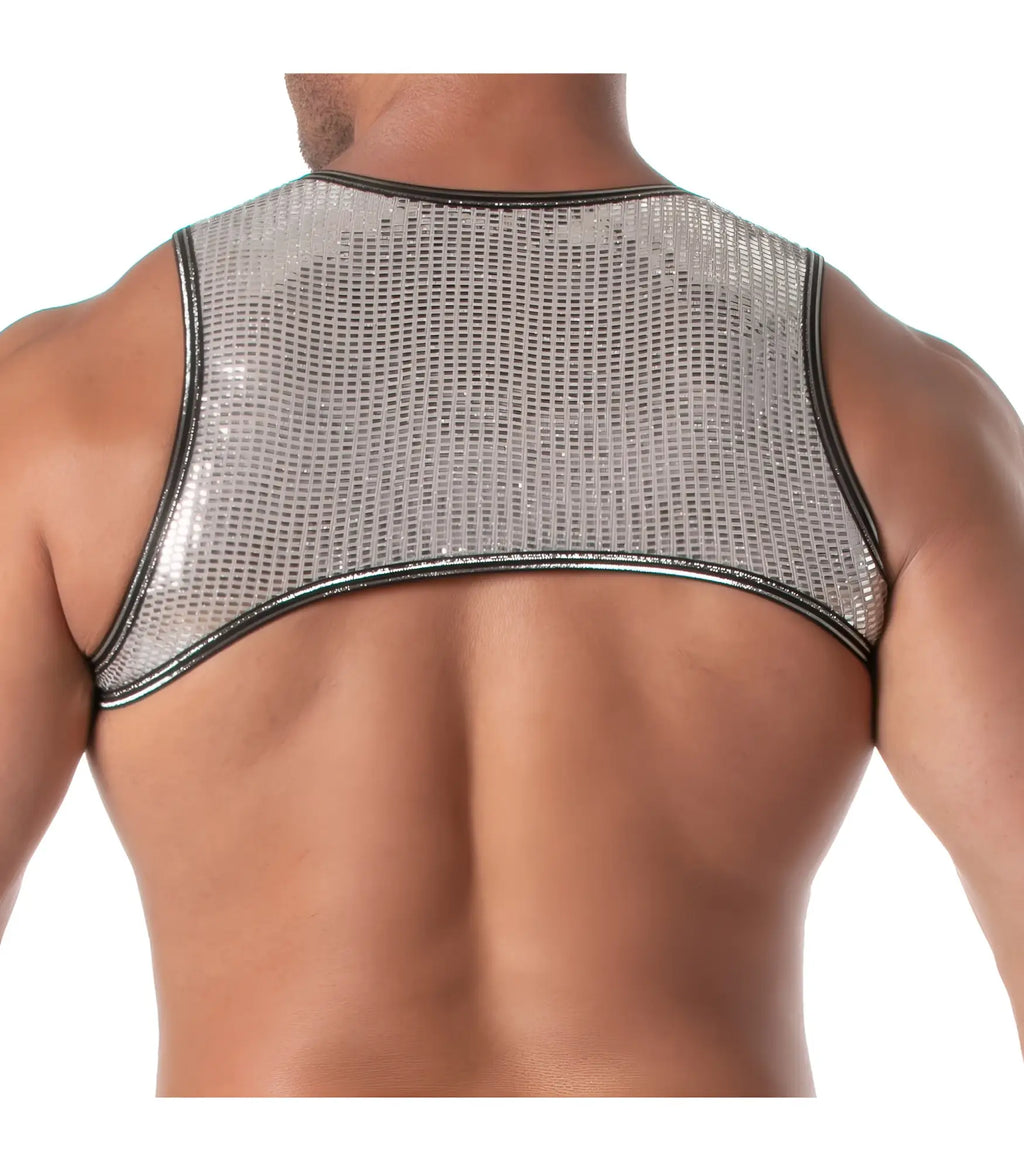 Silver mesh tank top with black trim featuring a glitter zipped harness detail for stylish layering
