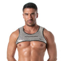 Silver metallic mesh tank top with black trim and zipper detail from the glitter zipped harness collection
