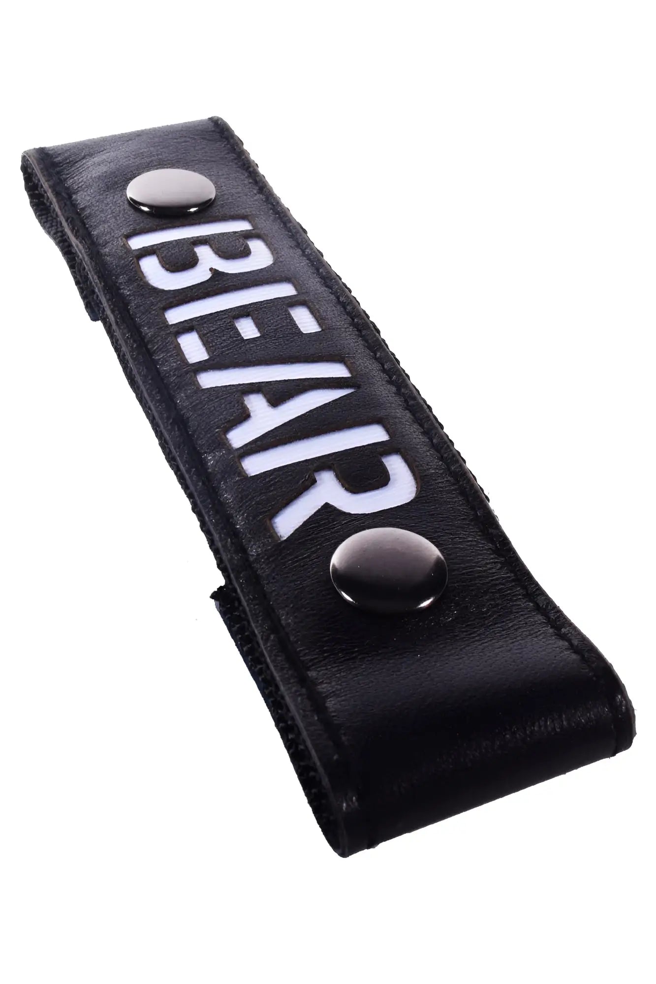 Black leather glow center strap bear with white bie ar lettering and two metallic snap buttons