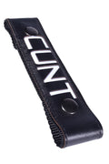 Black leather glow center strap with white cont lettering and two black snap buttons
