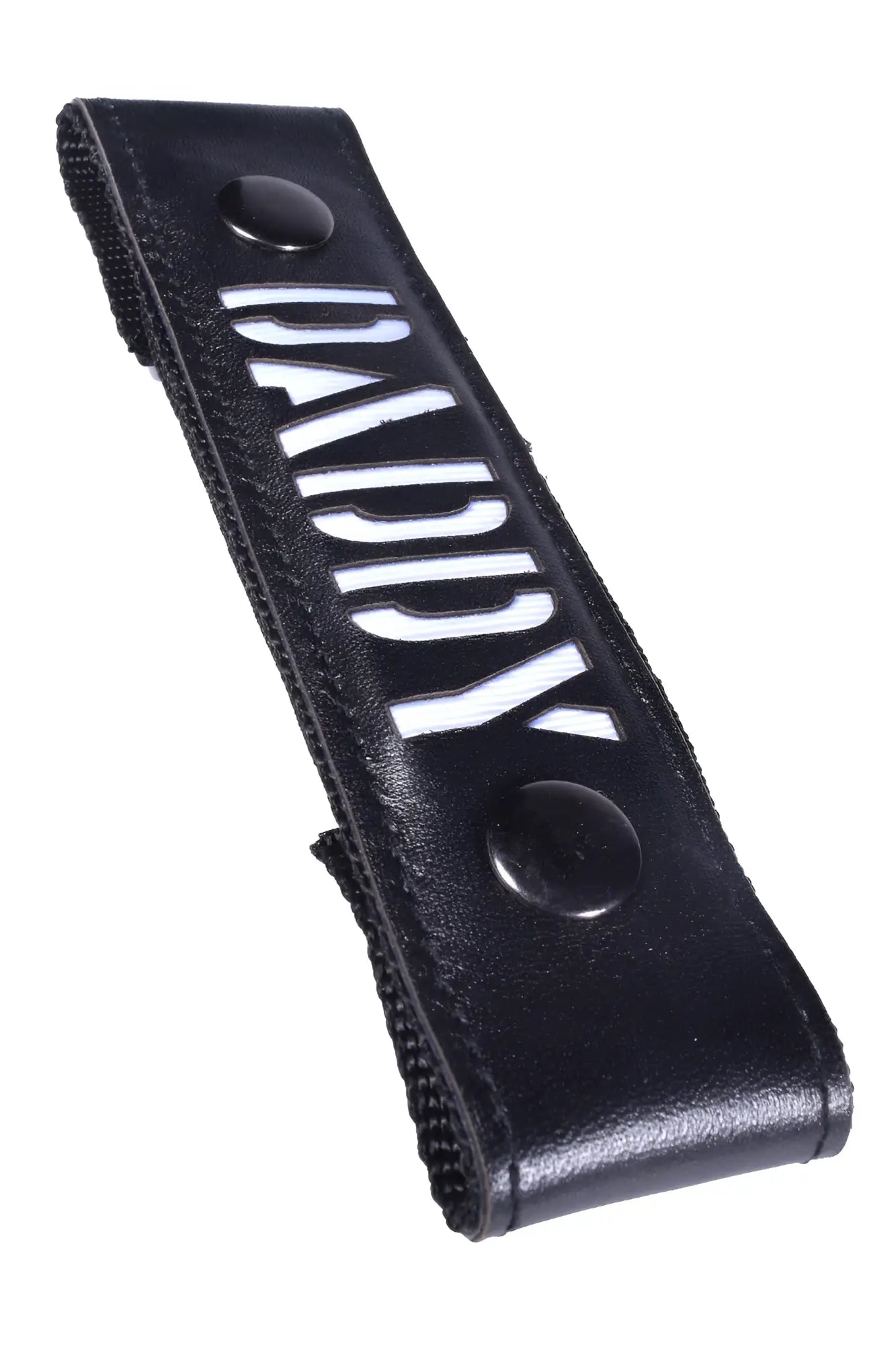 Black leather glow center strap with daddy embroidered in white and two black snap buttons