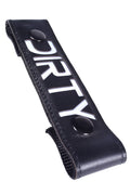 Black leather glow center strap with white dirty lettering and two black snap buttons for adjustable fit