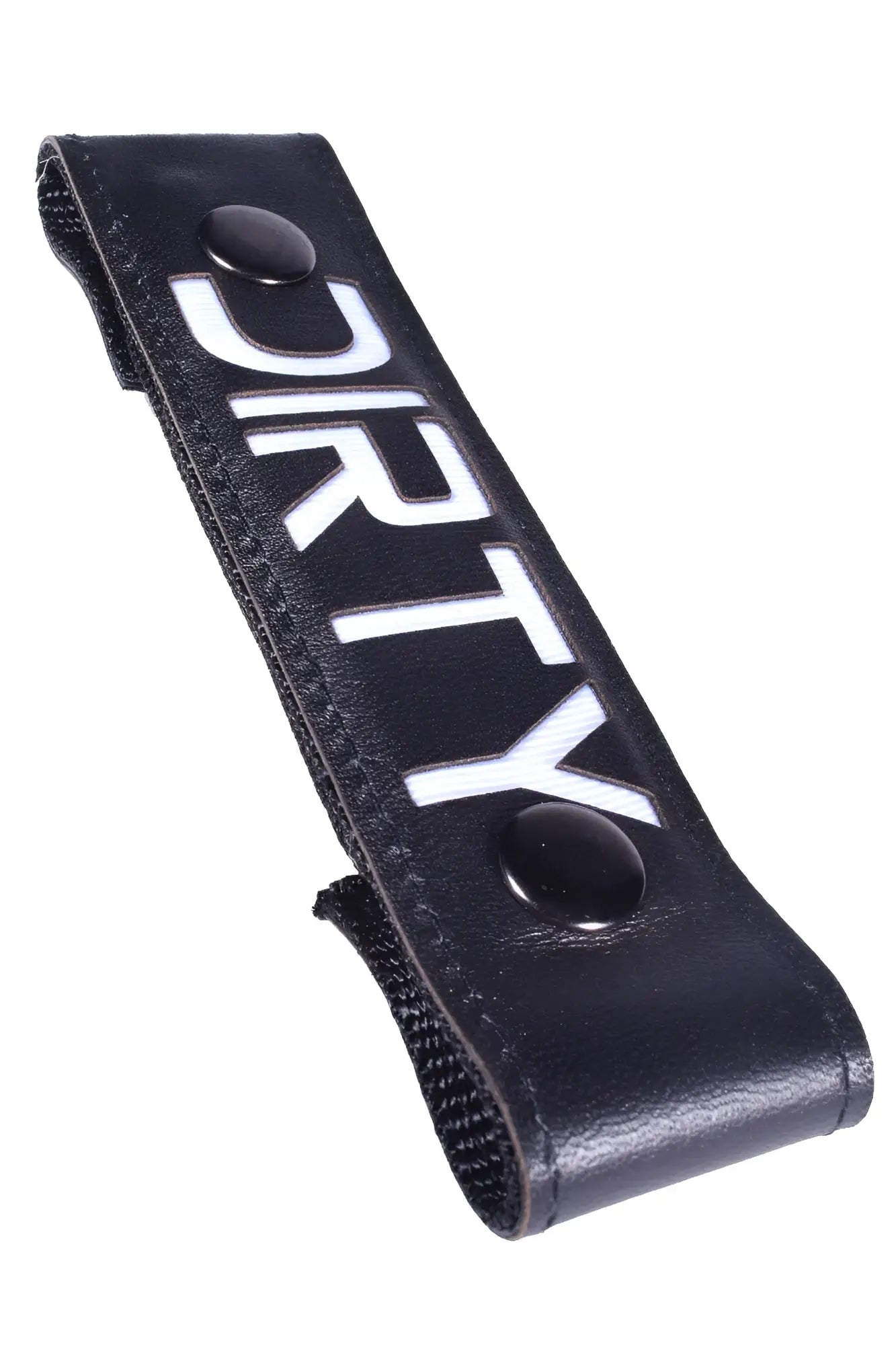 Black leather glow center strap with white dirty lettering and two black snap buttons for adjustable fit