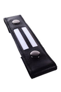 Glow center strap equality black leather strap with two white stripes and black button closures for secure fit