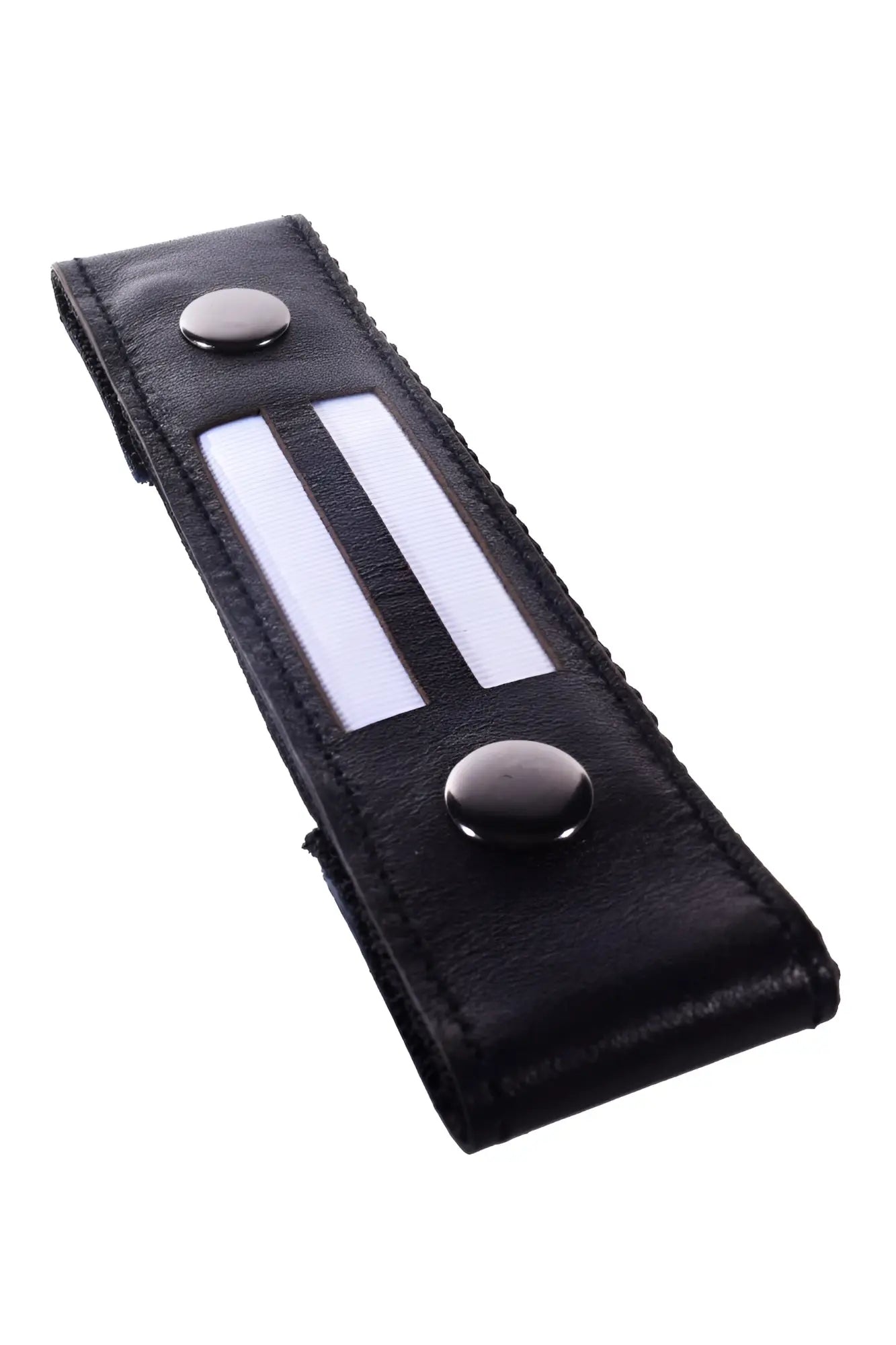 Glow center strap equality black leather strap with two white stripes and black button closures for secure fit