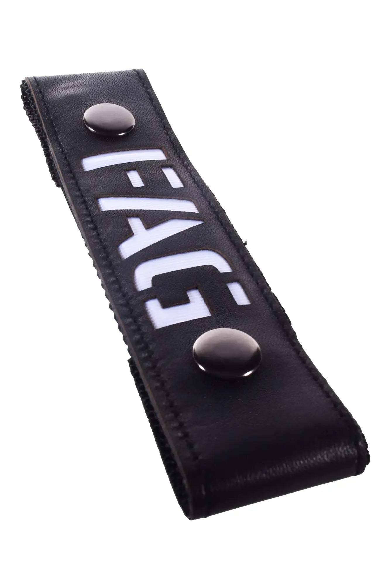 Black leather glow center strap with white fags lettering and two black button fasteners for secure fit