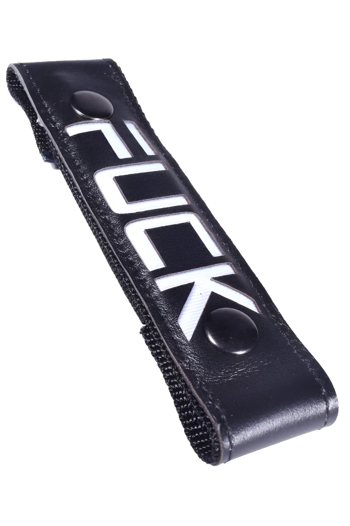 Black leather glow center strap with bold white fuck lettering and two black snap buttons