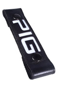 Glow center strap pig black leather strap with white big lettering and two black snap buttons for secure fastening