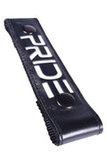 Black leather glow center strap pride with white ride lettering and two black snap buttons