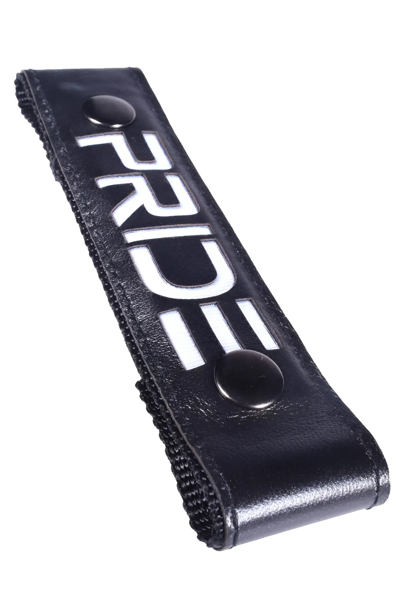 Black leather glow center strap pride with white ride lettering and two black snap buttons