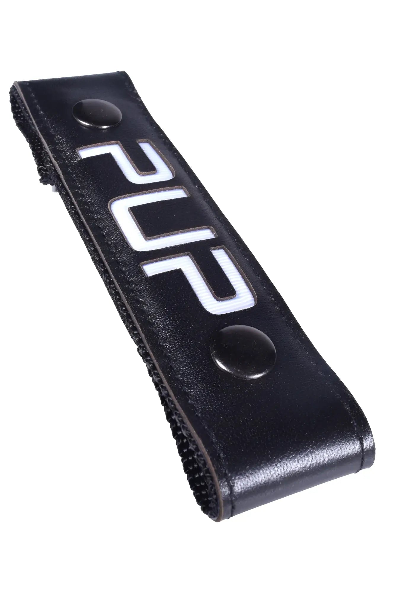 Glow center strap pup black leather strap with white 2012 lettering and two black snap buttons