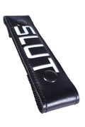 Black leather glow center strap with white slut lettering and two black snap buttons for adjustable fit