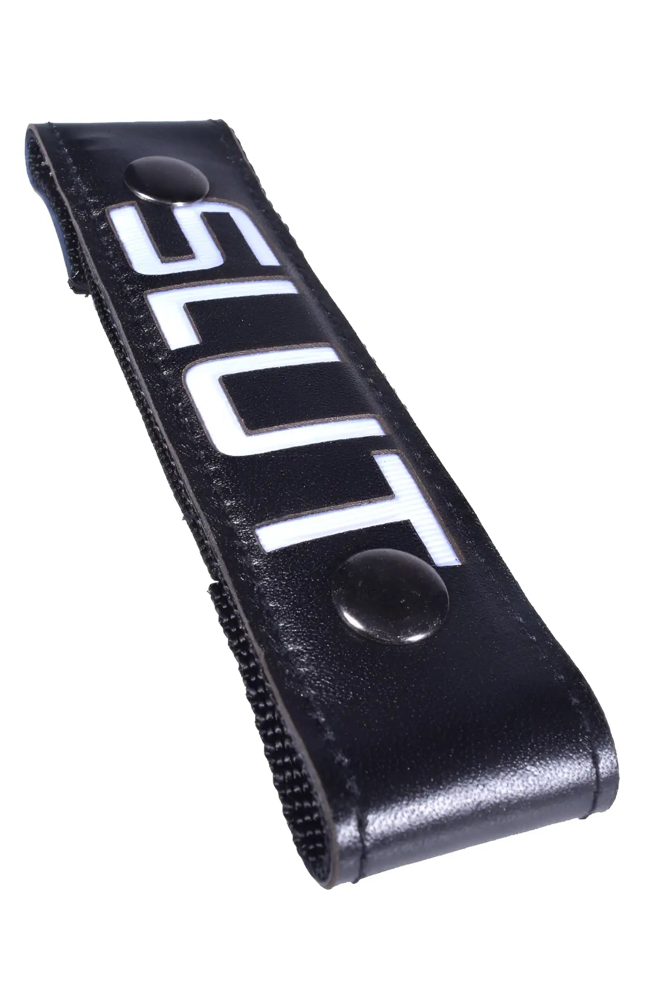 Black leather glow center strap with white slut lettering and two black snap buttons for adjustable fit