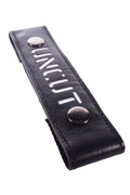 Black leather glow center strap uncut with silver black snap buttons and white unicut lettering