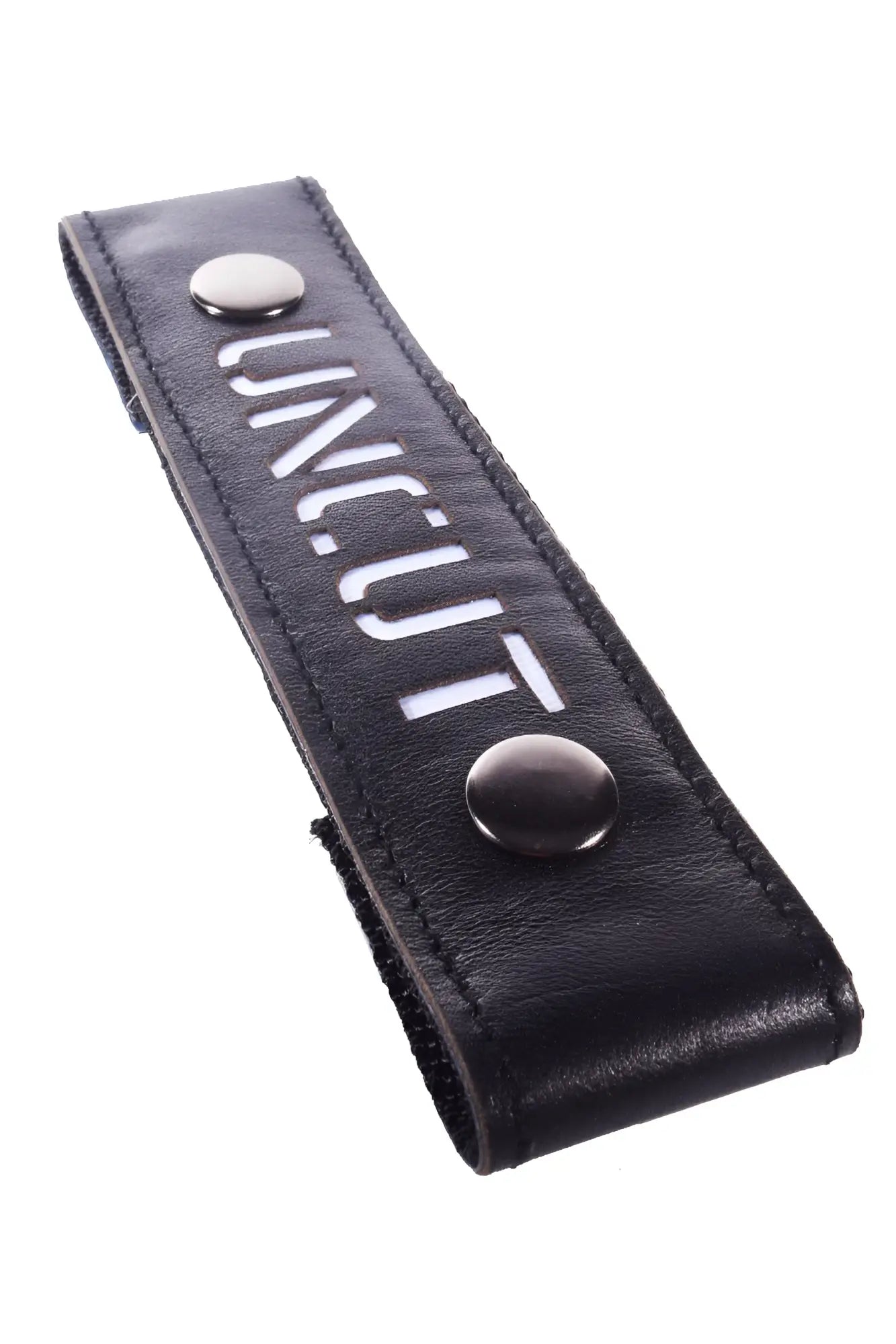 Black leather glow center strap uncut with silver black snap buttons and white unicut lettering