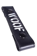 Black leather glow center strap with white hoot lettering and two black snap buttons for secure fastening