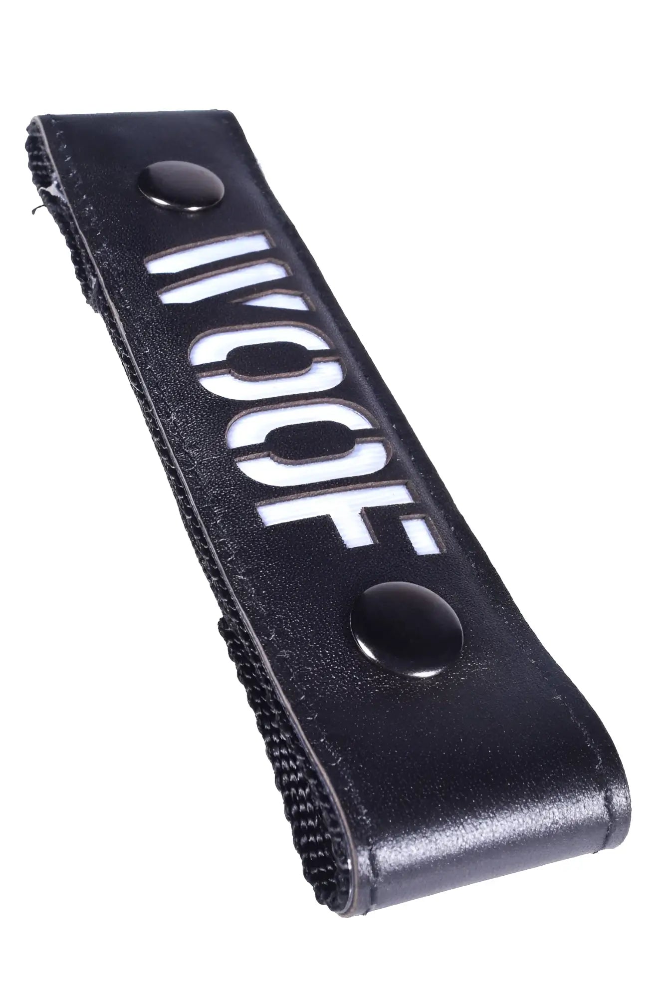 Black leather glow center strap with white hoot lettering and two black snap buttons for secure fastening