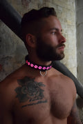 Glow Pup Collar black led collar with pink paw print lights and silver metal ring for pet safety and style