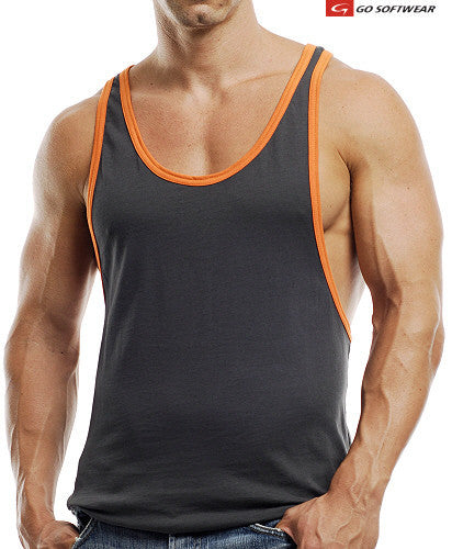 Go Softwear Active L. A. Wash Y Back Muscle Tank Top T Shirt Charcoal/Orange 4745 Size L