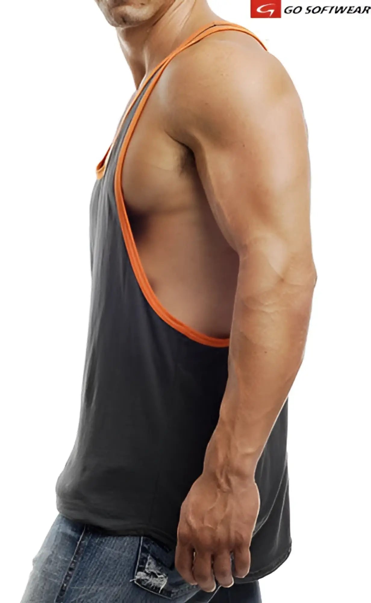 Black charcoal go softwear active la wash y back muscle tank top with orange trim in size large shown from back