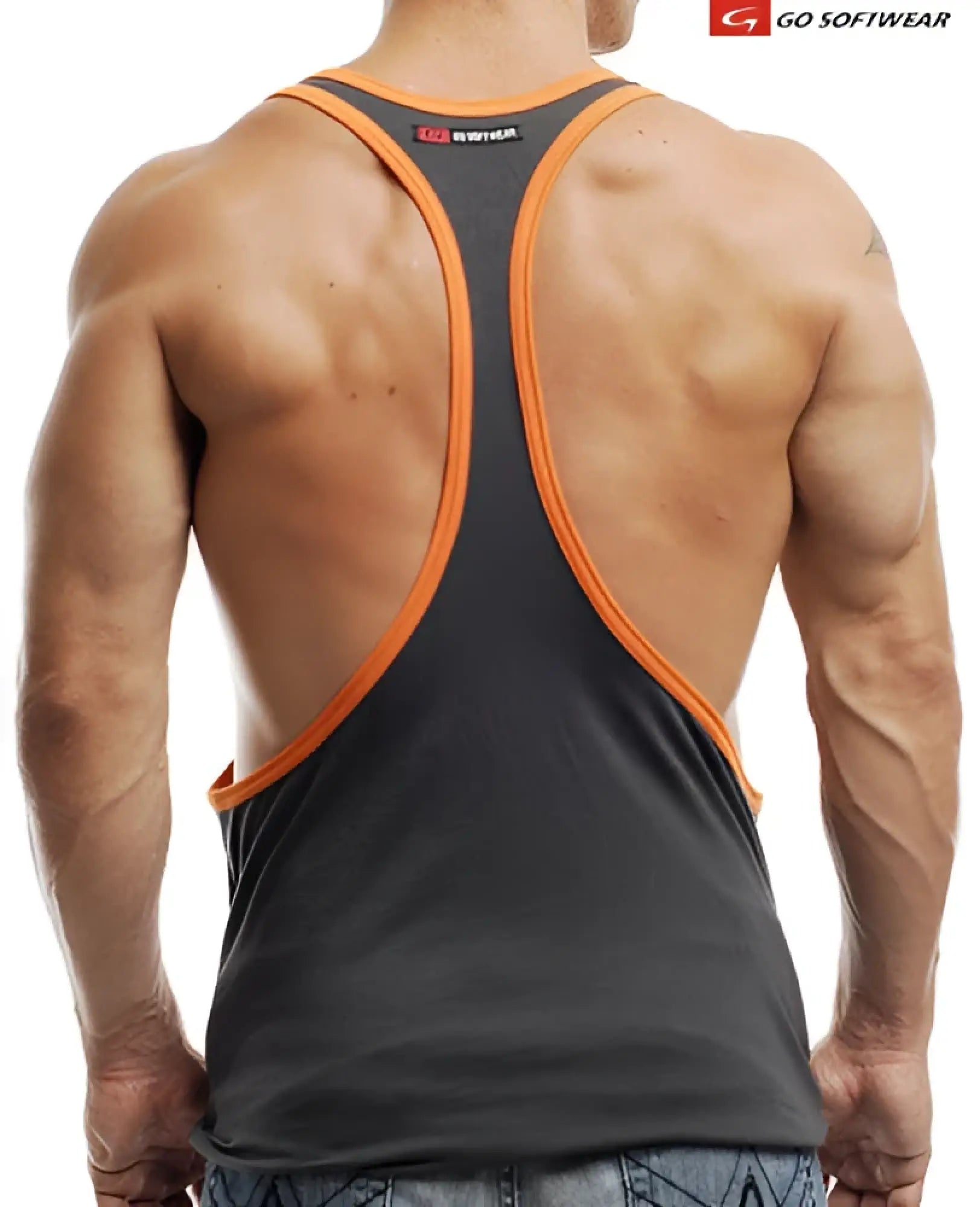 Black and orange go softwear active l a wash y back muscle tank top tshirt in charcoal with sleek racerback design