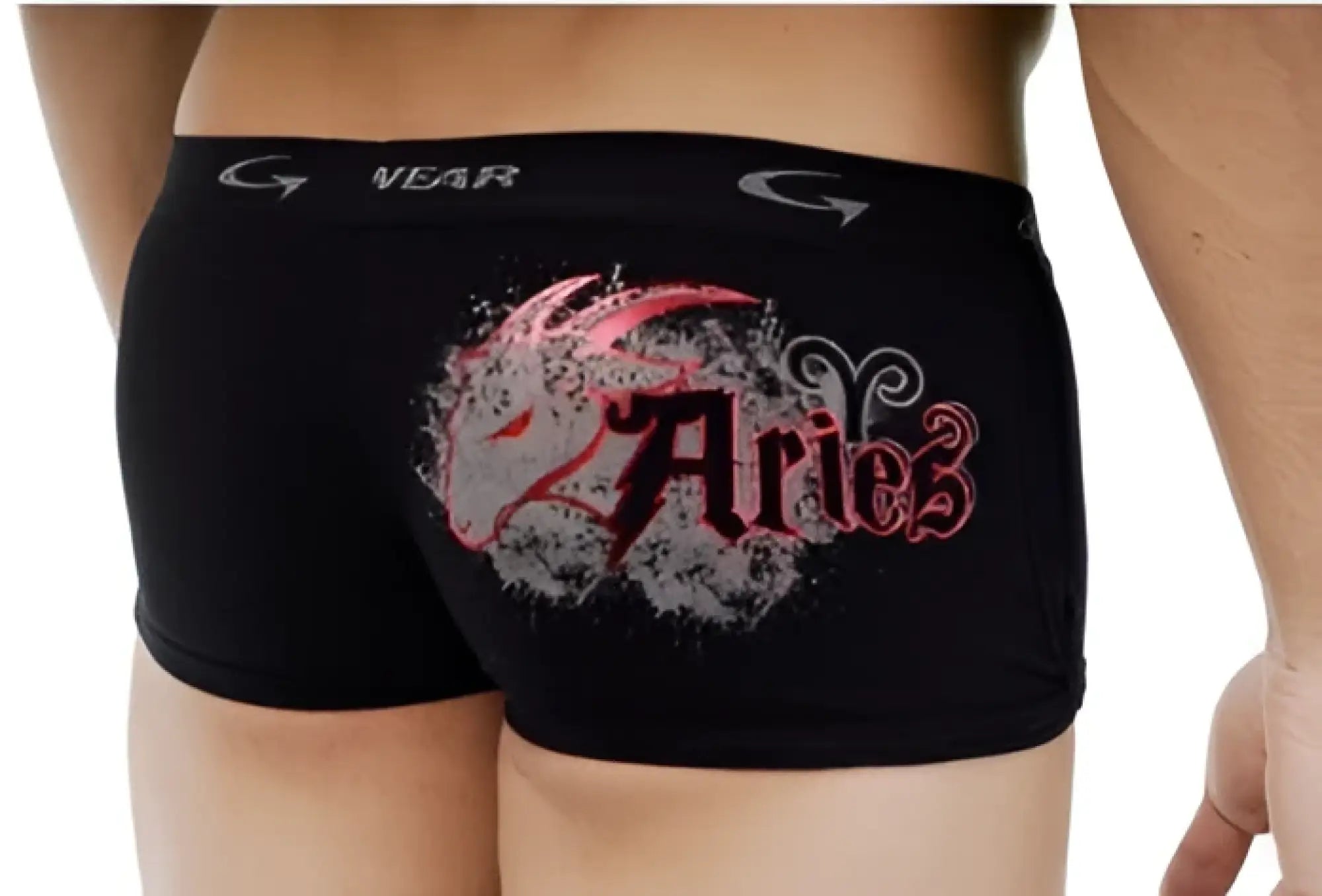 Black boxer briefs with distressed red and white aries graphic and stylized horns from go softwear astrology retro shorts capricorn collection size m