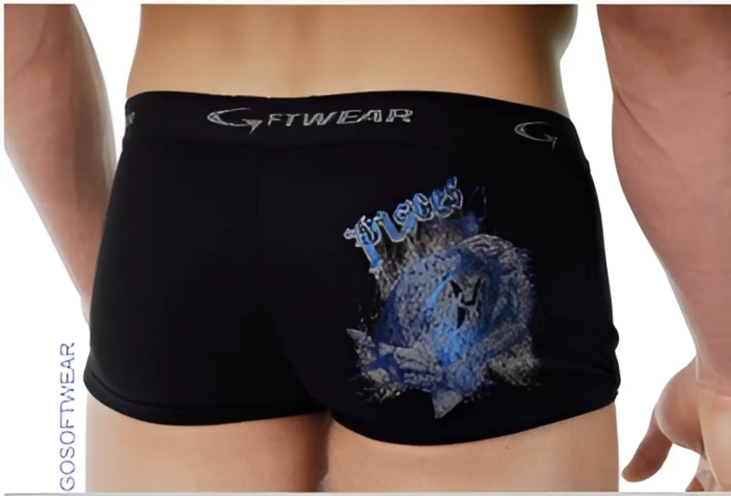 Black men’s briefs featuring a blue and silver tiger graphic with fierce text and g-fitwear waistband in size m