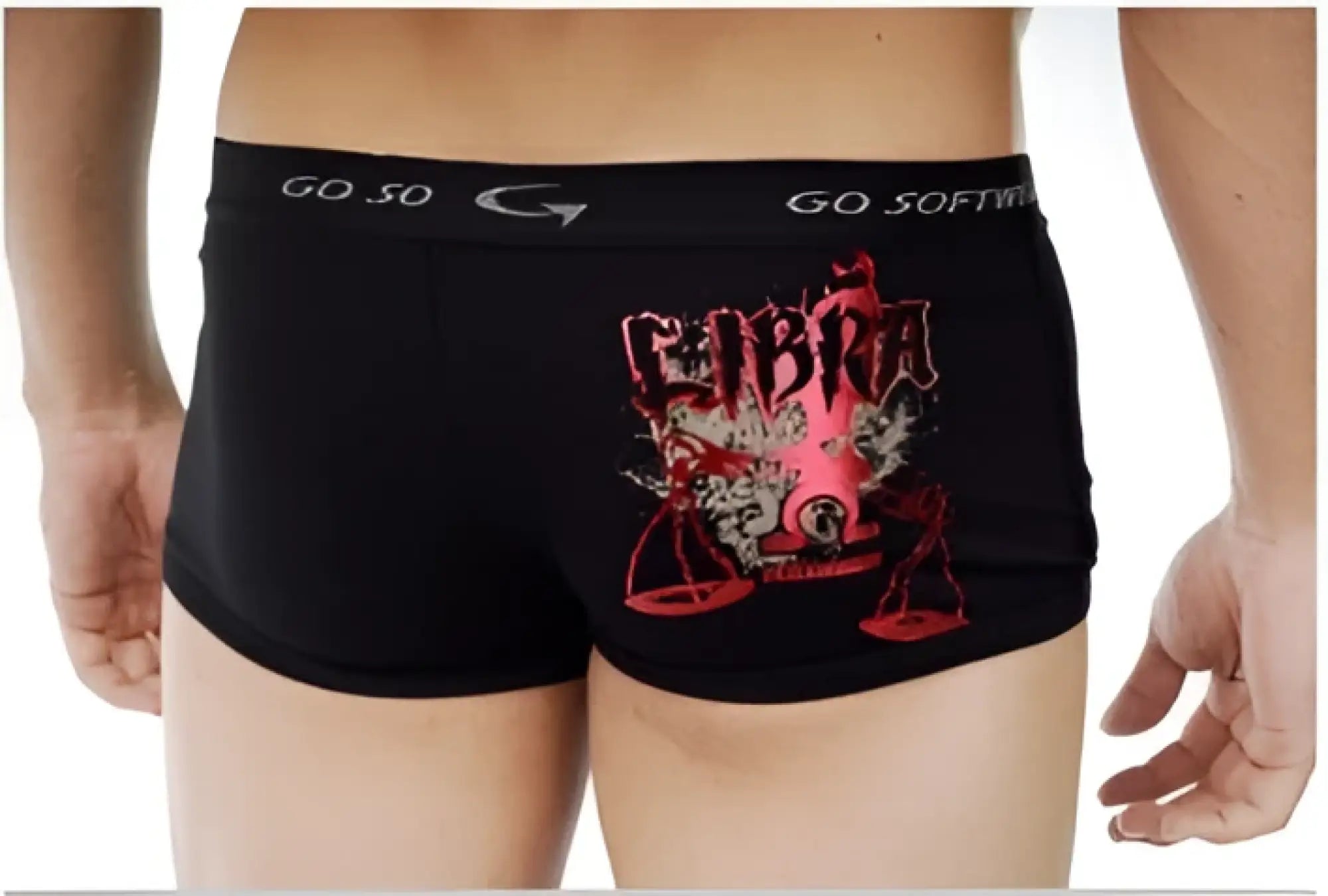 Back view of go softwear astrology retro shorts capricorn black boxer briefs with red and white libra scales design