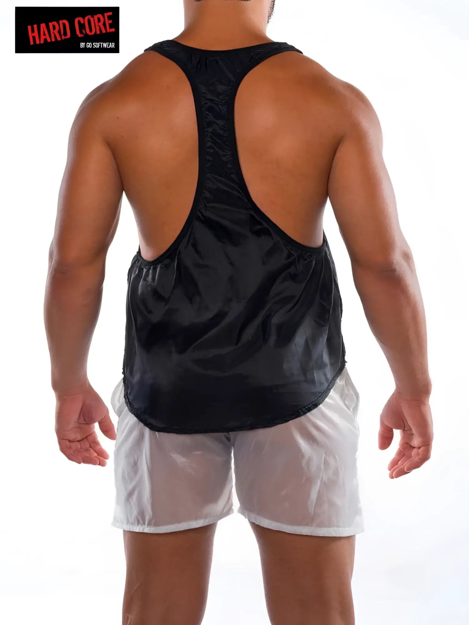 Black satin go softwear fluid gym tank top with racerback design and elasticized hem size l back side view