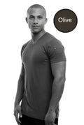 Olive go softwear v neck short sleeve t shirt with small patch pocket on left sleeve size medium
