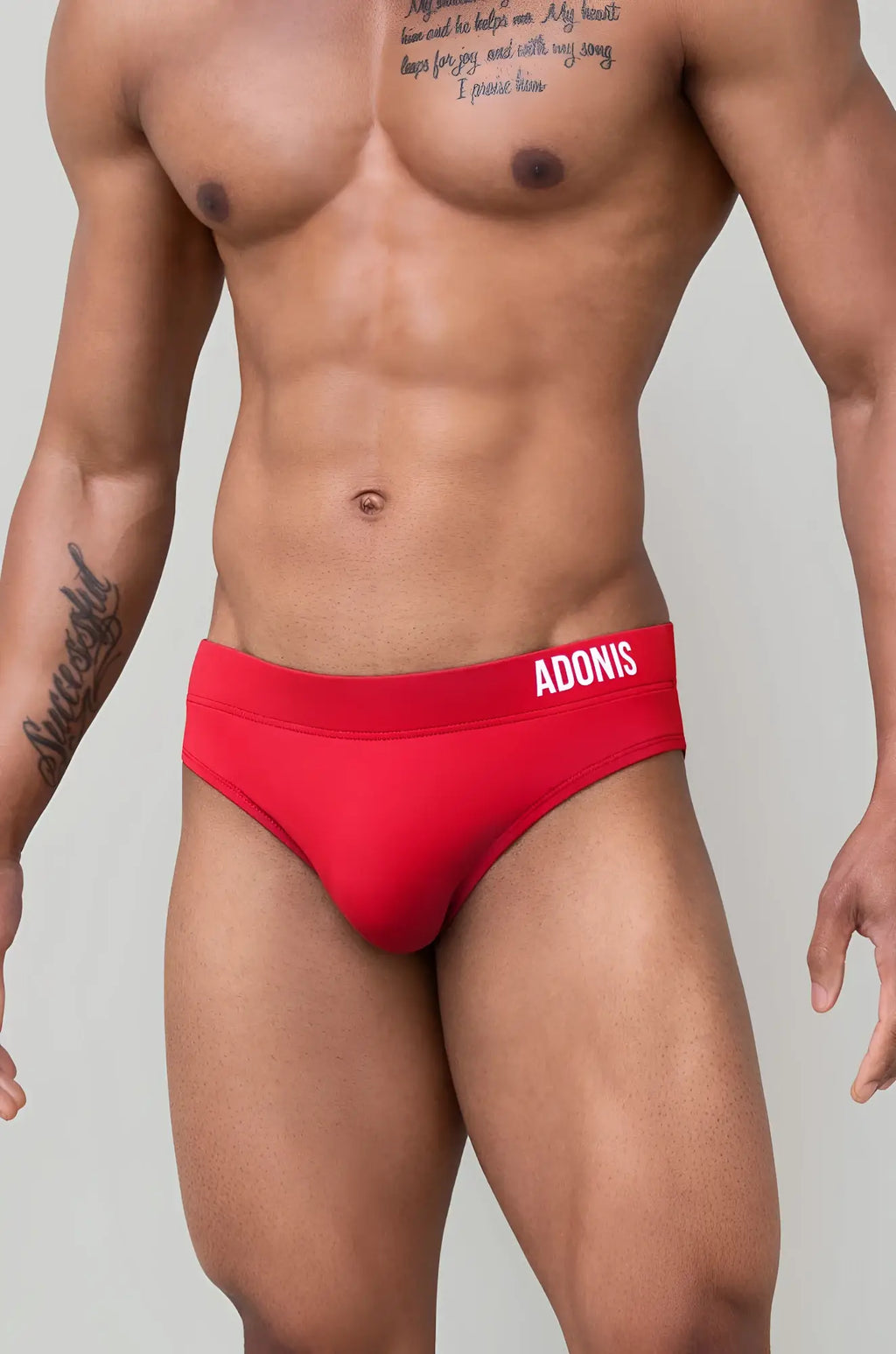 Red adonis goji berry swim brief with snug fit and elastic waistband ideal for swimming and beachwear