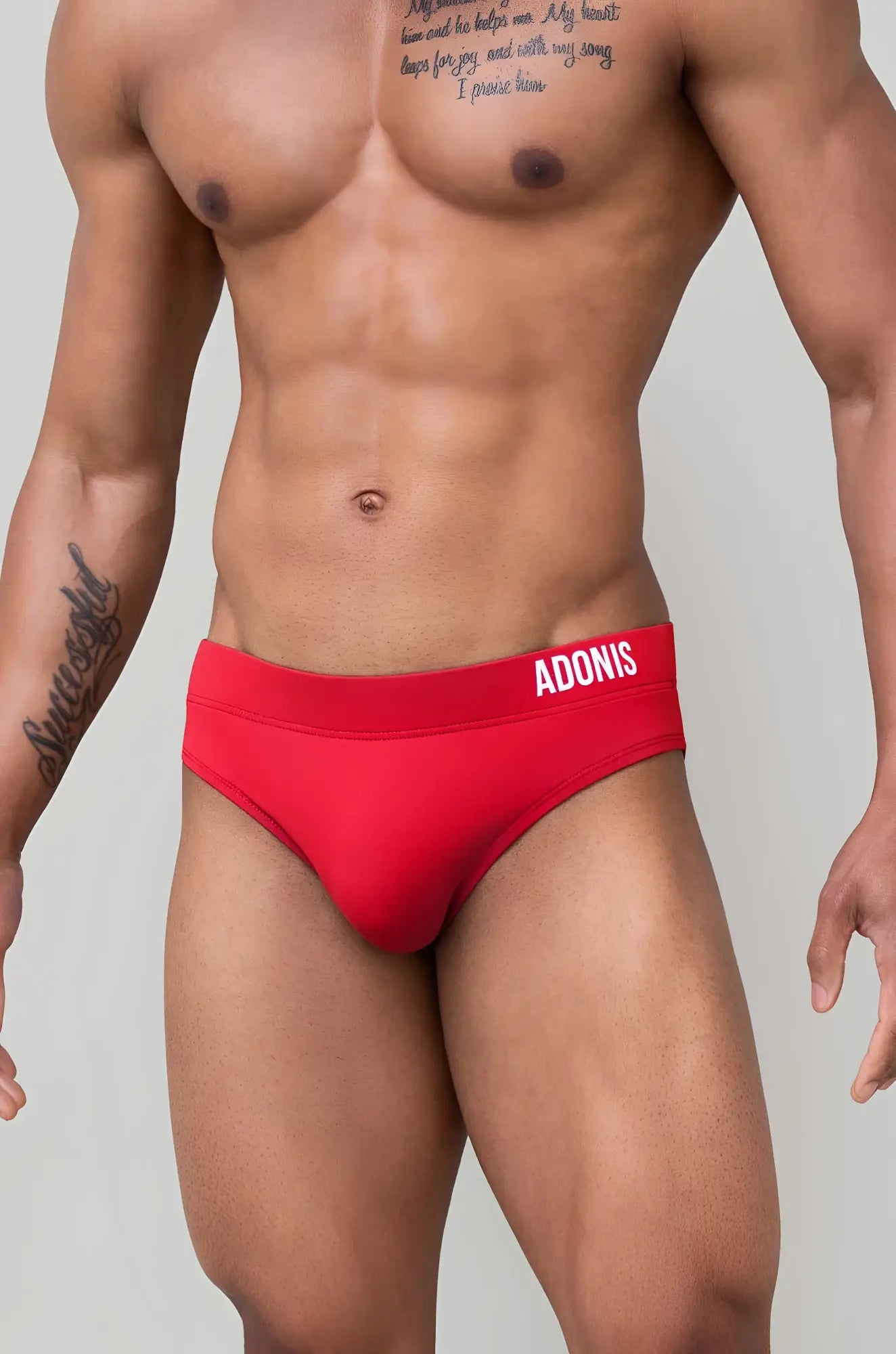 Red adonis goji berry swim brief with snug fit and elastic waistband ideal for swimming and beachwear