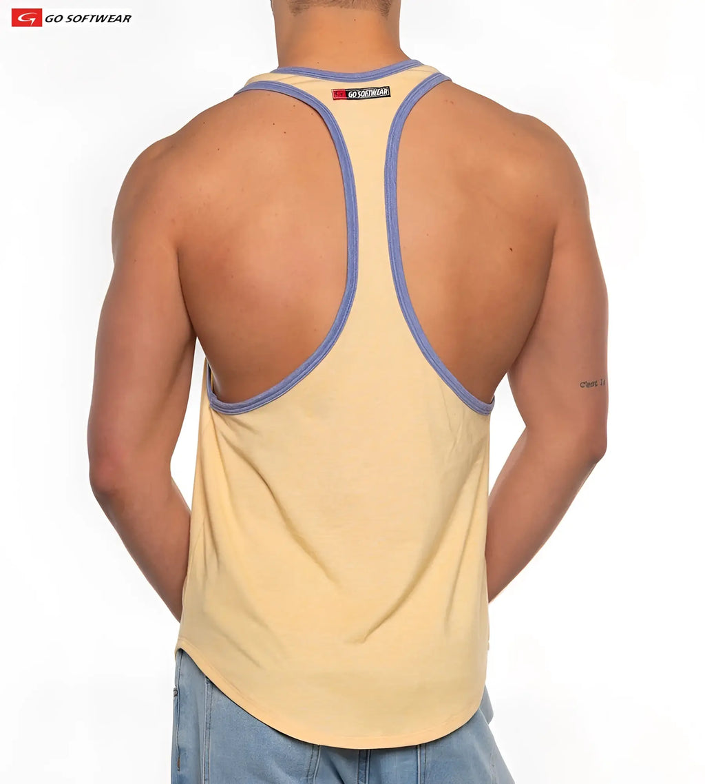 Beige and blue gold coast athletic tank top with racerback design and soft stretchy fabric finish shown from the back