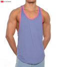 Gold Coast athletic tank top in heathered blue with pink trim and a relaxed fit for comfortable activewear