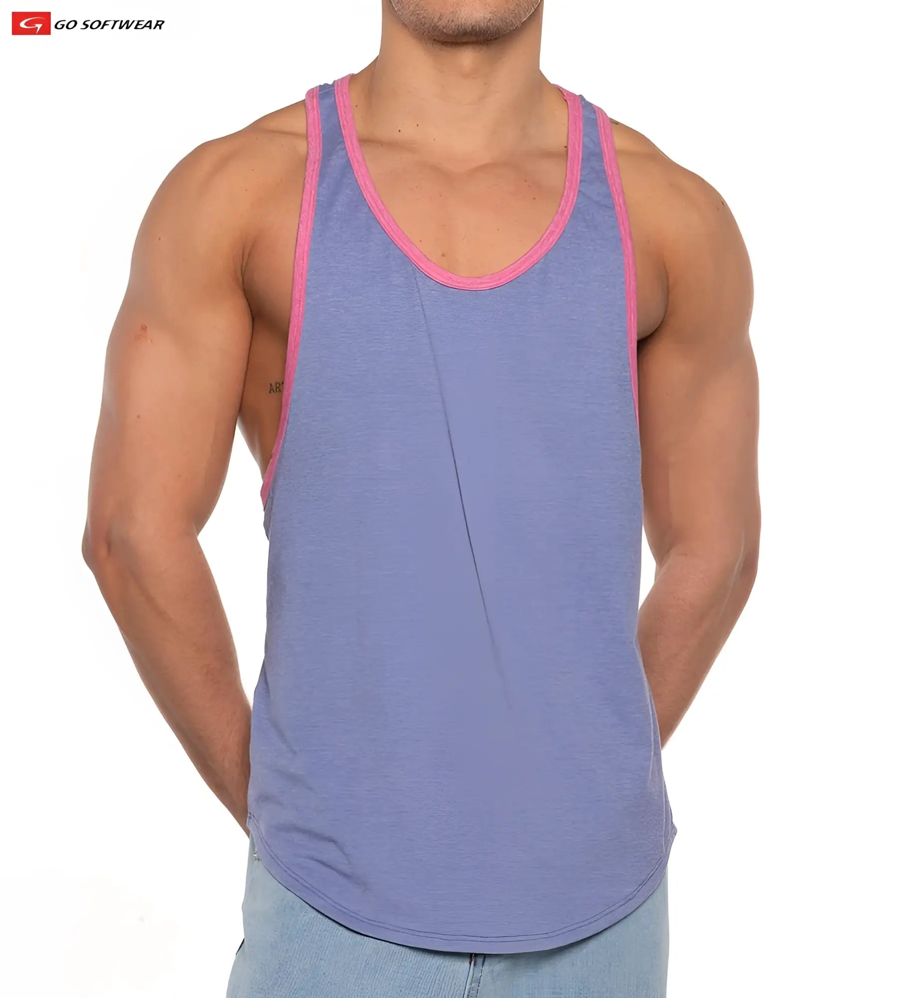 Gold Coast athletic tank top in heathered blue with pink trim and a relaxed fit for comfortable activewear