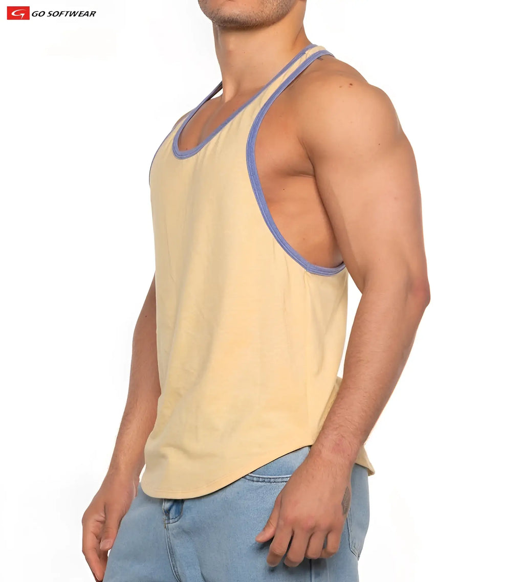 Men’s beige gold coast athletic tank top with blue trim fitted design from go softwear made of soft material