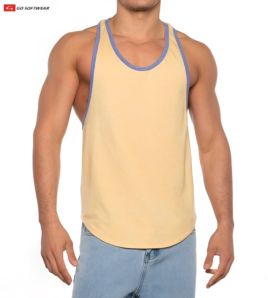 Beige gold coast athletic tank top with blue trim from go softwear featuring a simple men’s sleeveless design