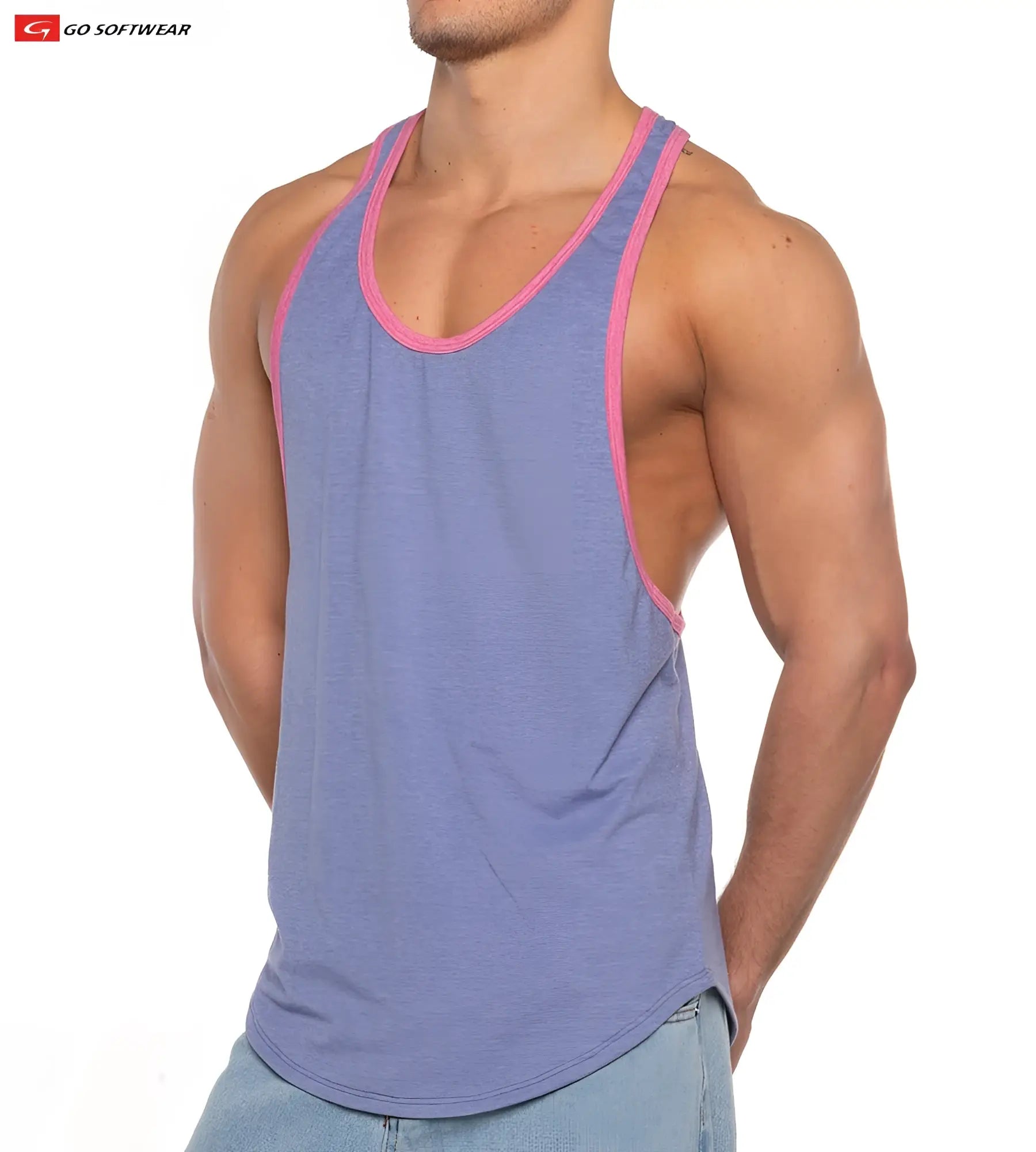 Men’s Gold Coast athletic tank top in heathered blue with pink trim along neckline and armholes for workouts