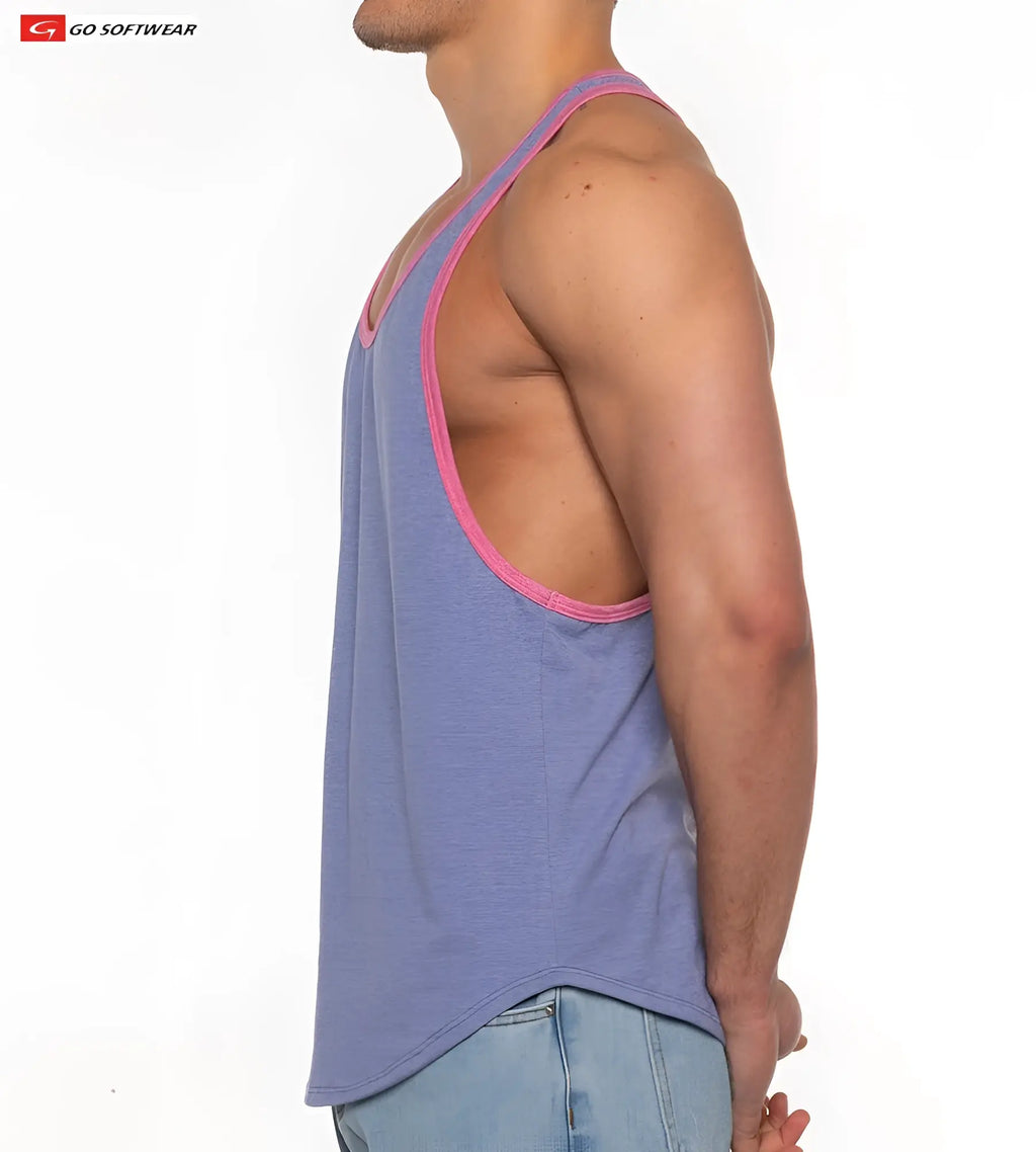 Men’s gold coast athletic tank top in lavender heathered fabric with pink trim and open back design shown from back view