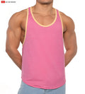 Pink heathered gold coast athletic tank top with beige trim made of breathable fabric for activewear use