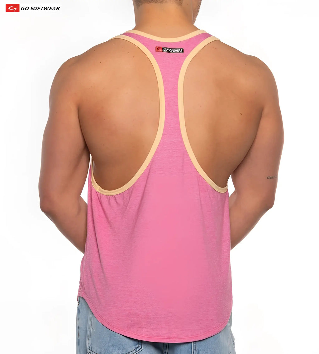 Back view of a pink heathered gold coast athletic racerback tank top with beige trim and go softwear label