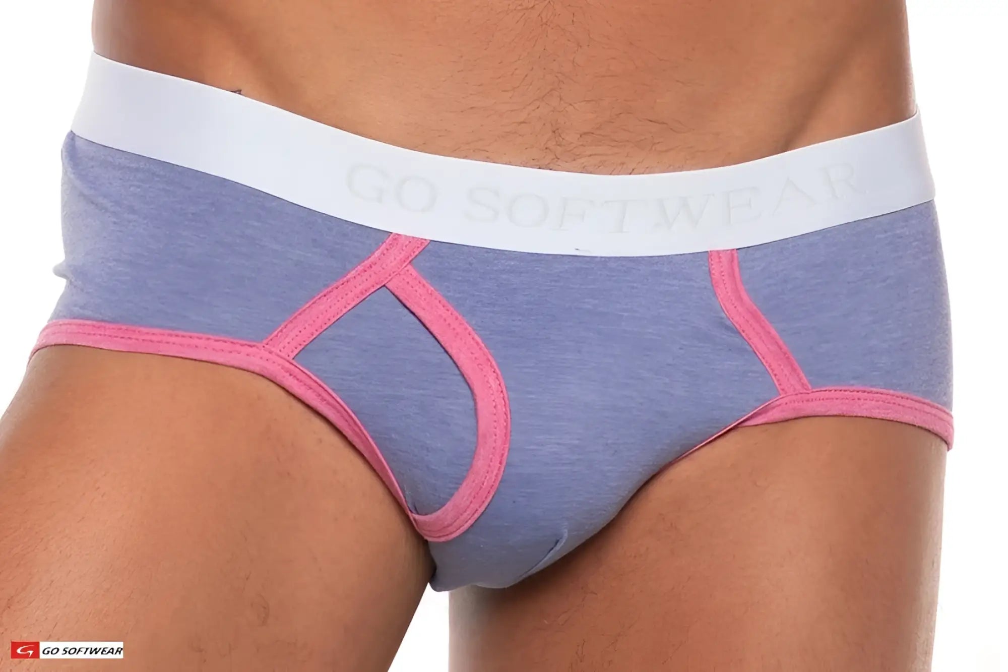 Gold coast brief blue heathered cotton briefs with pink trim and white go softwear branded waistband