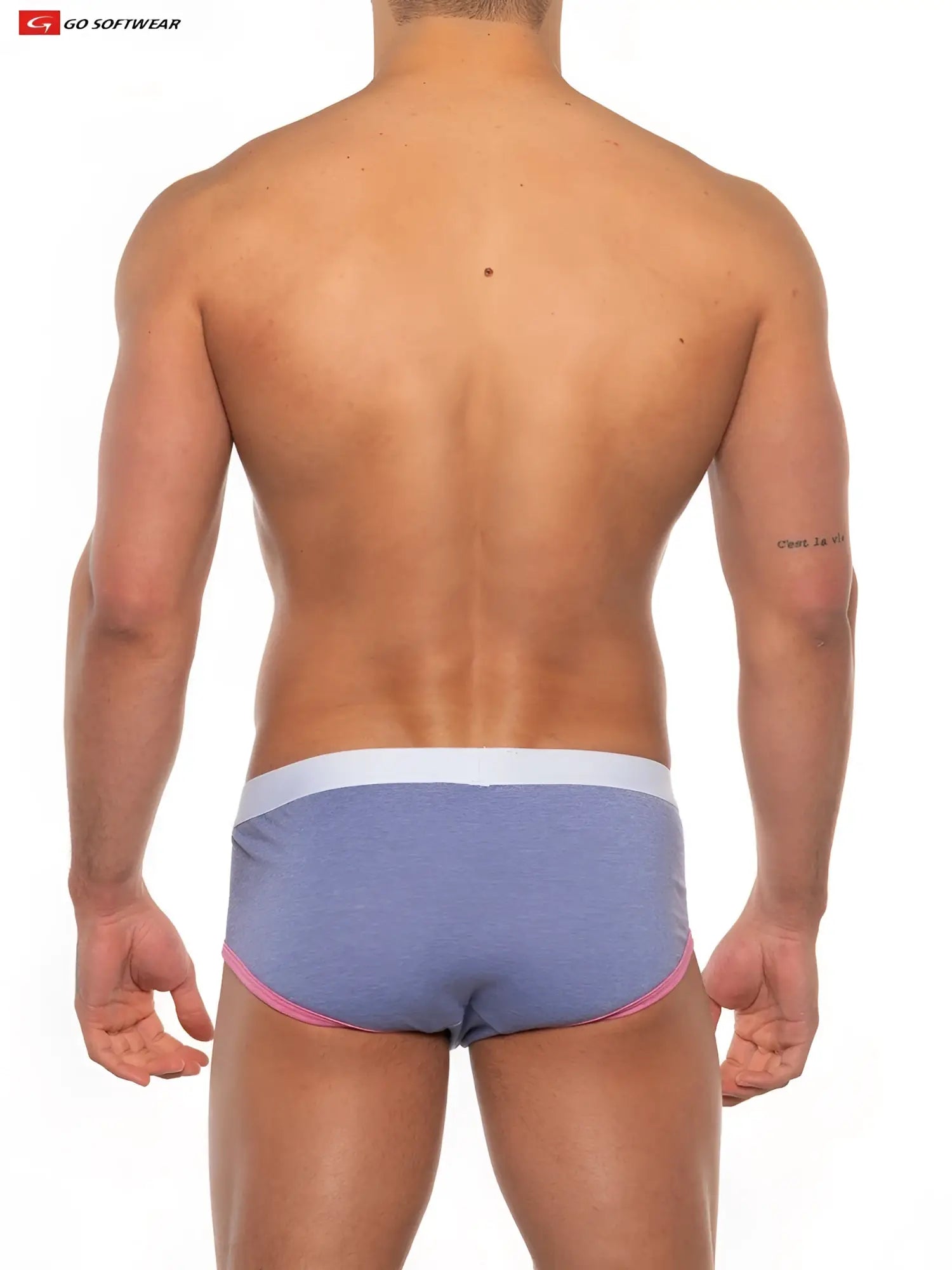 Blue heathered gold coast briefs with white waistband and pink trim for comfortable everyday wear