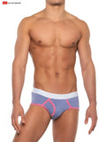 Blue and pink gold coast brief athletic underwear with white waistband featuring go softwear logo