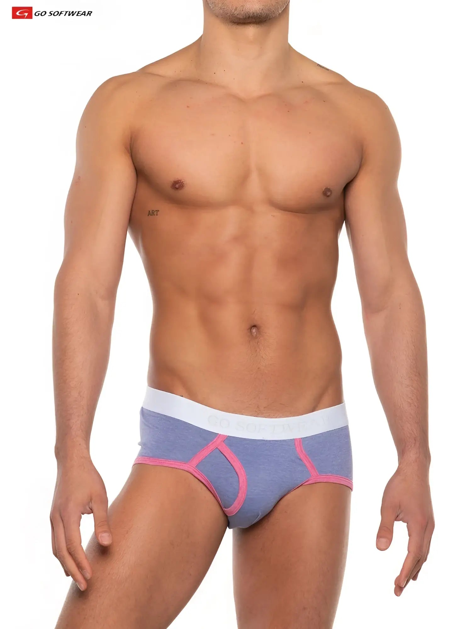 Blue and pink gold coast brief athletic underwear with white waistband featuring go softwear logo